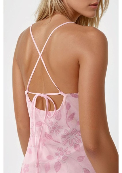 Kadın Kare Yaka Baskılı Tül Maxi Elbise Parlak Pembe modelleri