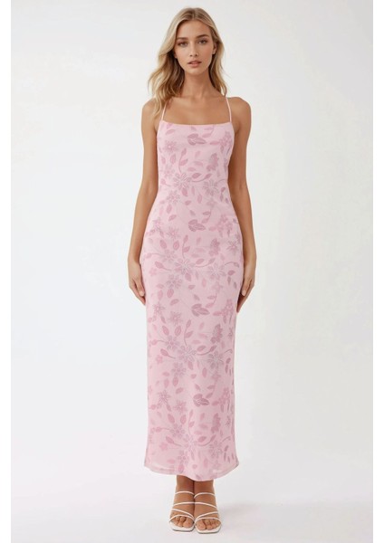 Kadın Kare Yaka Baskılı Tül Maxi Elbise Parlak Pembe fırsatları