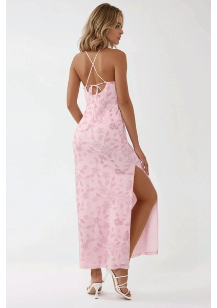 Kadın Kare Yaka Baskılı Tül Maxi Elbise Parlak Pembe indirimleri