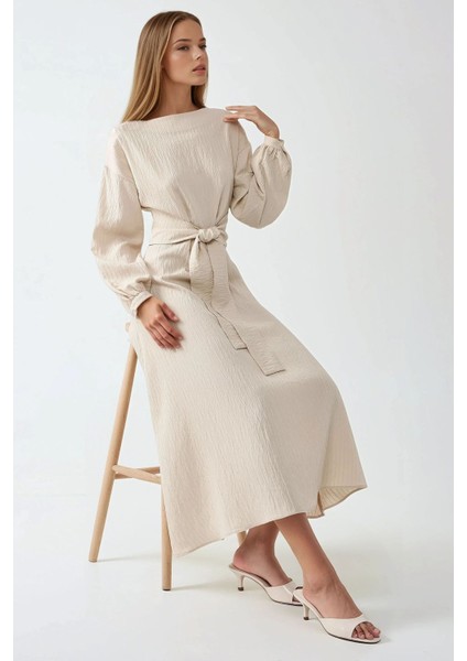 Kadın Dokulu Bisiklet Yaka Bağlama Detaylı Maxi Elbise Natural fiyatları