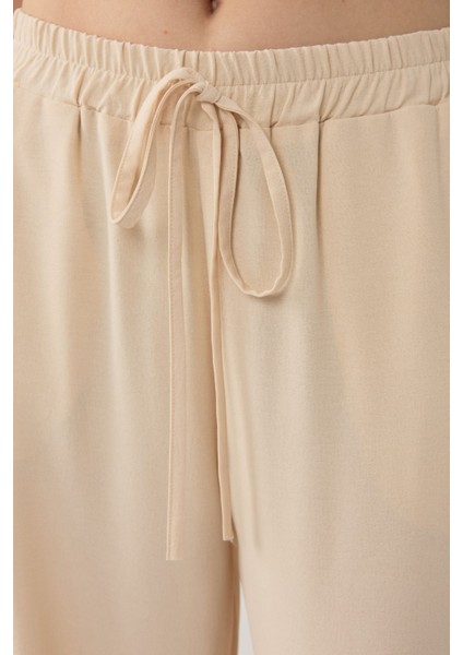 Kadın Yüksek Bel Rahat Kesim Pantolon Bej Doğal indirimleri