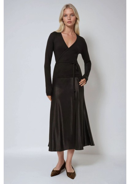 Kadın Kruvaze Bağlama Detaylı Soft Kumaş Balerin Bluz Siyah indirimleri