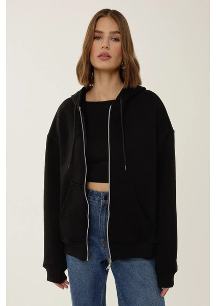 Kadın Rahat Fit Fermuarlı Kapüşonlu Hoodie Black