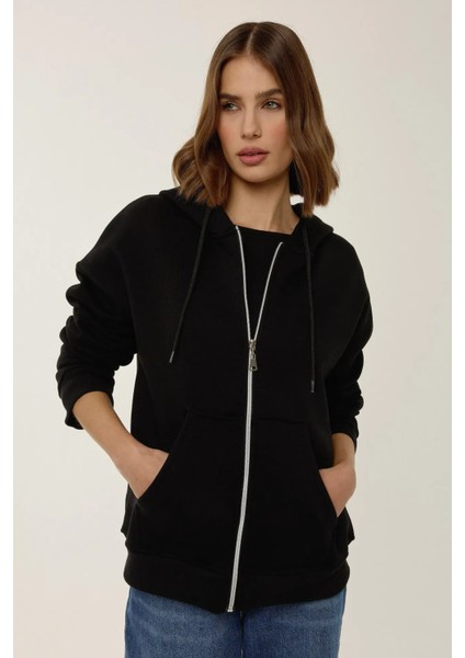 Kadın Rahat Fit Fermuarlı Kapüşonlu Hoodie Black modelleri