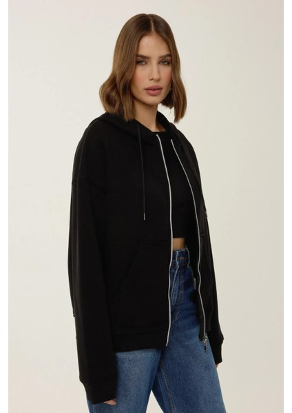 Kadın Rahat Fit Fermuarlı Kapüşonlu Hoodie Black fırsatları