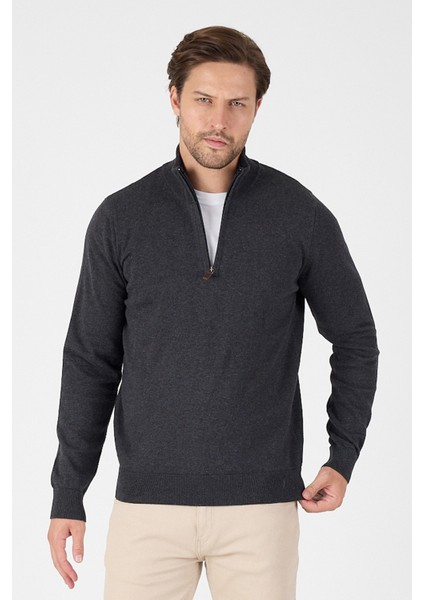 Antrasit %100 Pamuk Erkek Yarım Fermuarlı Dik Yaka Triko Kazak