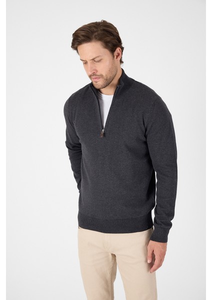 Antrasit %100 Pamuk Erkek Yarım Fermuarlı Dik Yaka Triko Kazak fırsatları