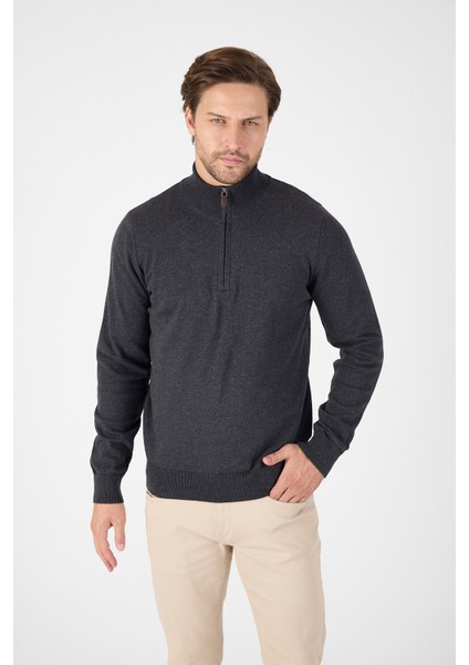 Antrasit %100 Pamuk Erkek Yarım Fermuarlı Dik Yaka Triko Kazak