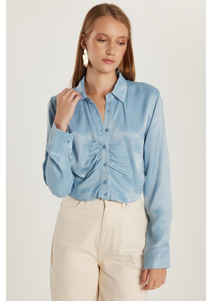 Kadın Slim Fit Dar Kesim Uzun Kollu Klasik Yaka Mavi Gömlek