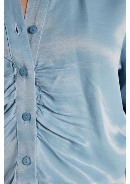 Kadın Slim Fit Dar Kesim Uzun Kollu Klasik Yaka Mavi Gömlek modelleri