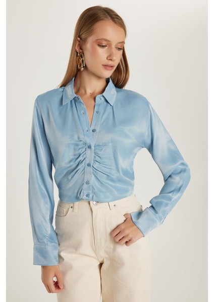 Kadın Slim Fit Dar Kesim Uzun Kollu Klasik Yaka Mavi Gömlek fırsatları