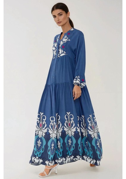 Kadın Baskılı Uzun Kol Viskon Modest Elbise Blue