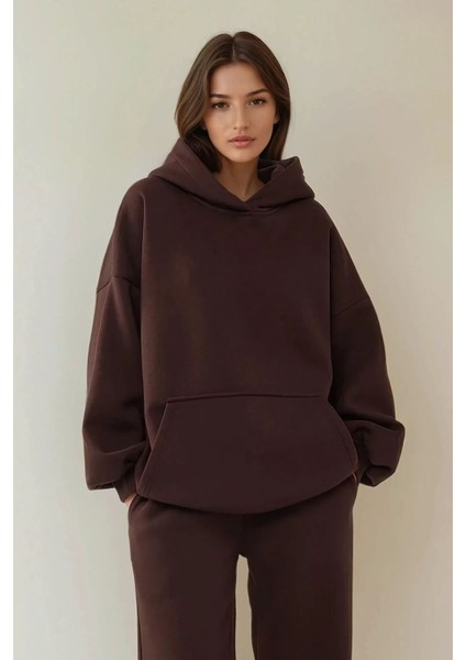 Kadın Oversize Bisiklet Yaka Kapüşonlu Sweatshirt Kahverengi