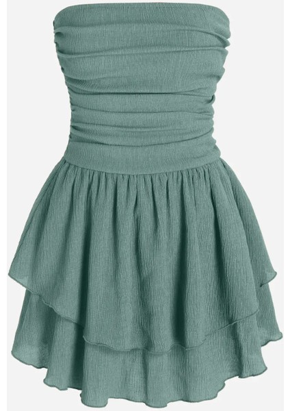 Kadın Straplez Fırfırlı Arkası Gipeli Mini Elbise Nane Yeşili