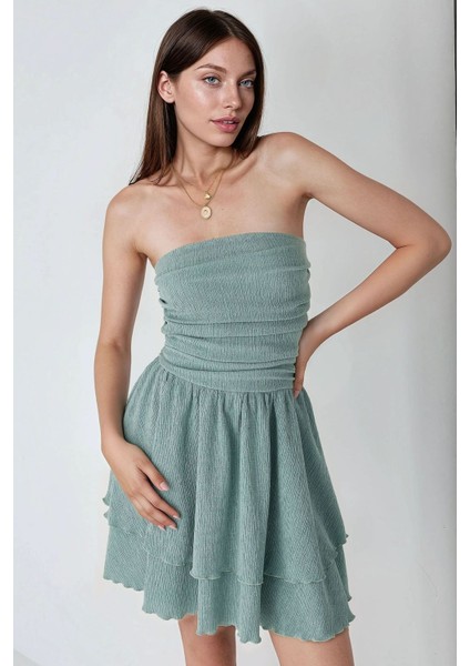 Kadın Straplez Fırfırlı Arkası Gipeli Mini Elbise Nane Yeşili modelleri