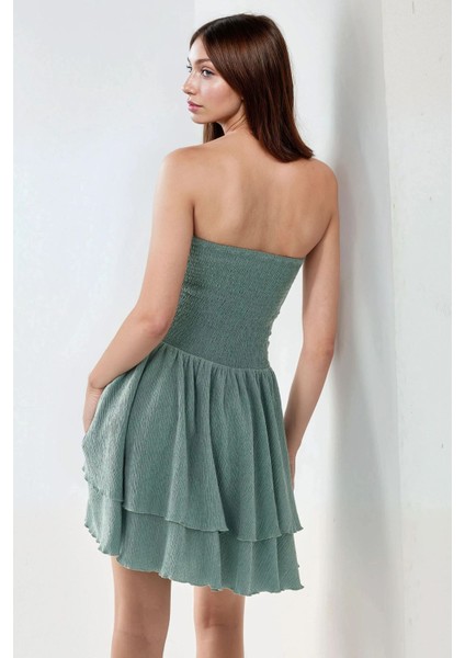 Kadın Straplez Fırfırlı Arkası Gipeli Mini Elbise Nane Yeşili indirimleri
