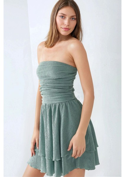 Kadın Straplez Fırfırlı Arkası Gipeli Mini Elbise Nane Yeşili