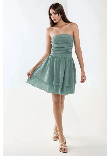 Kadın Straplez Fırfırlı Arkası Gipeli Mini Elbise Nane Yeşili