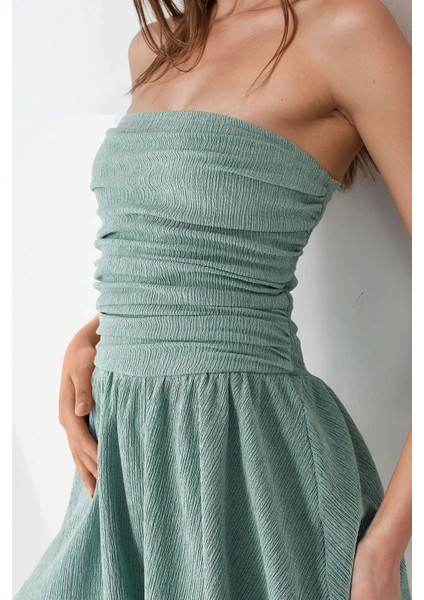 Kadın Straplez Fırfırlı Arkası Gipeli Mini Elbise Nane Yeşili