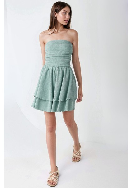 Kadın Straplez Fırfırlı Arkası Gipeli Mini Elbise Nane Yeşili