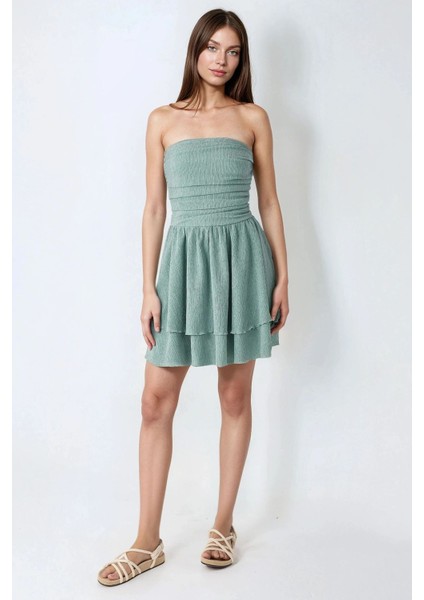 Kadın Straplez Fırfırlı Arkası Gipeli Mini Elbise Nane Yeşili