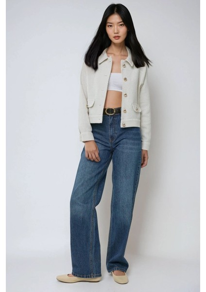 Kadın Düğmeli Dokulu Tüvit Ceket Beyaz fiyatları