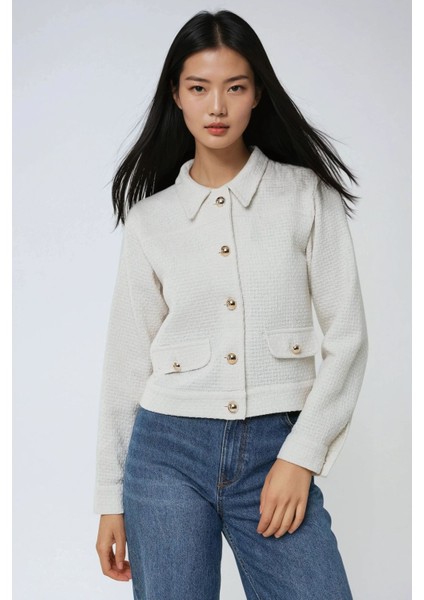 Kadın Düğmeli Dokulu Tüvit Ceket Beyaz modelleri