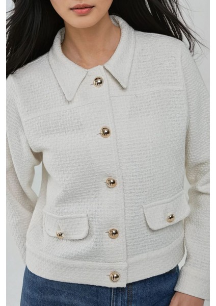 Kadın Düğmeli Dokulu Tüvit Ceket Beyaz fırsatları