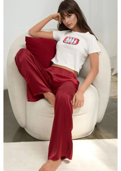 Kadın Baskı Detaylı Regular Fit Bisiklet Yakalı %100 Pamuklu Crop T-shirt Buz Mavisi fiyatları