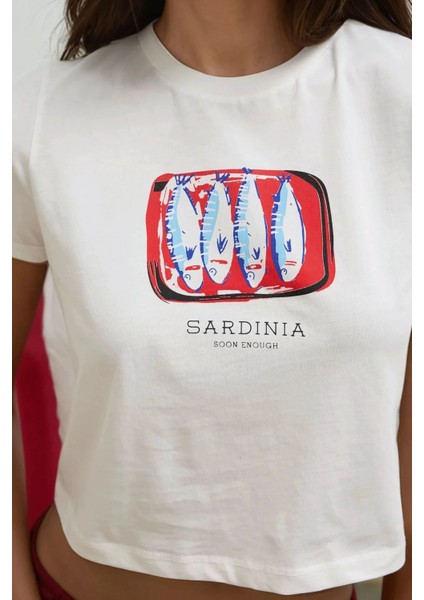 Kadın Baskı Detaylı Regular Fit Bisiklet Yakalı %100 Pamuklu Crop T-shirt Buz Mavisi