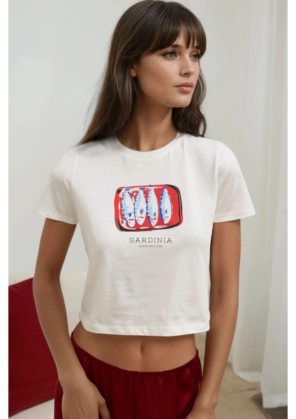 Kadın Baskı Detaylı Regular Fit Bisiklet Yakalı %100 Pamuklu Crop T-shirt Buz Mavisi