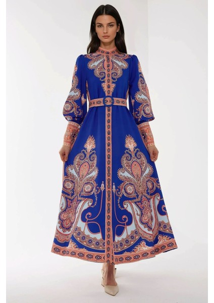 Kadın Baskılı Uzun Kol Kemerli Modest Elbise Blue
