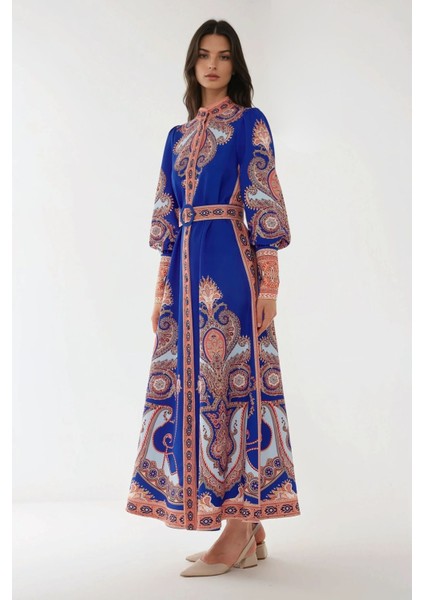 Kadın Baskılı Uzun Kol Kemerli Modest Elbise Blue fiyatları