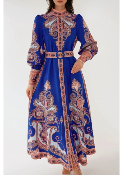 Kadın Baskılı Uzun Kol Kemerli Modest Elbise Blue indirimleri