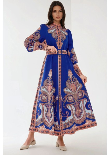 Kadın Baskılı Uzun Kol Kemerli Modest Elbise Blue