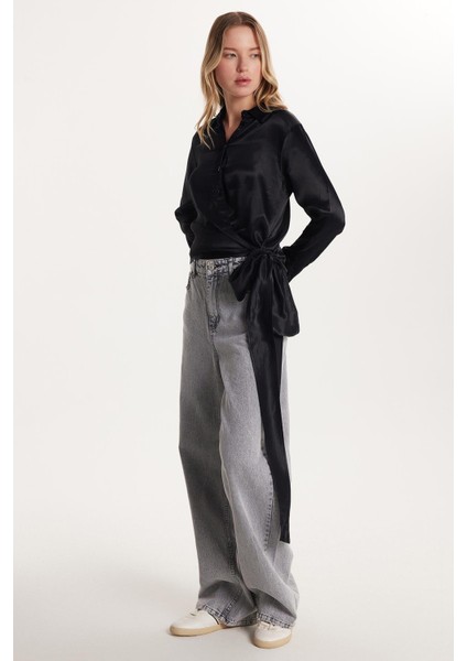 Kadın Slim Fit Dar Kesim Uzun Kollu Klasik Yaka Bağlama Detaylı Siyah Saten Gömlek fırsatları
