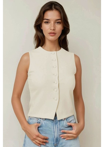 Kadın Düğme Detaylı Fitted Bisiklet Yaka Yelek Natural