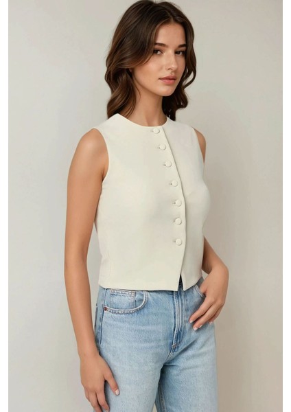Kadın Düğme Detaylı Fitted Bisiklet Yaka Yelek Natural fiyatları
