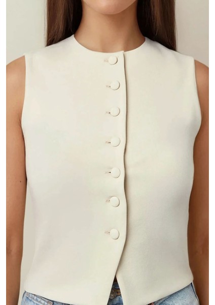 Kadın Düğme Detaylı Fitted Bisiklet Yaka Yelek Natural indirimleri