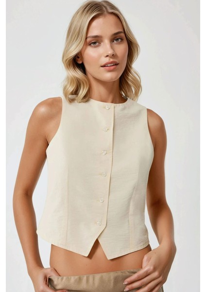 Kadın Önü Düğmeli Keten Görünümlü Yelek Natural