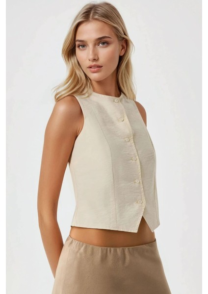 Kadın Önü Düğmeli Keten Görünümlü Yelek Natural fiyatları