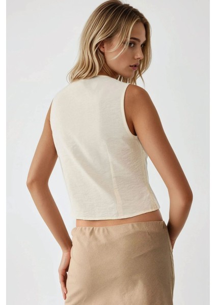 Kadın Önü Düğmeli Keten Görünümlü Yelek Natural indirimleri