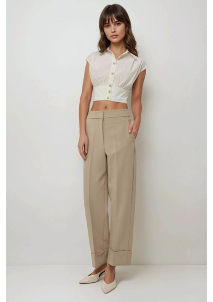 Kadın Premium Kalite Paçası Çift Katlı Havuç Pantolon Natural modelleri