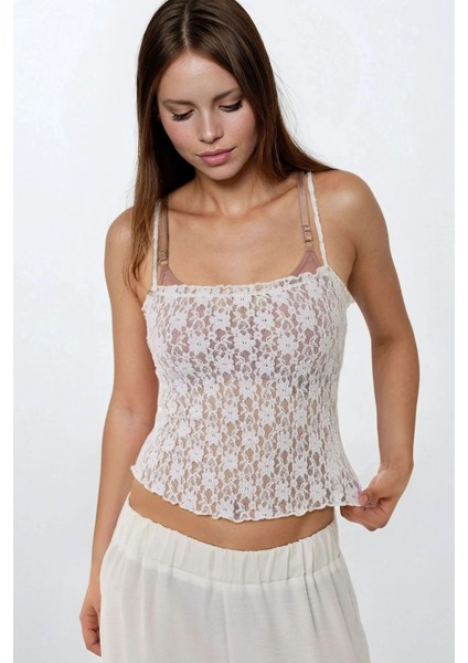 Kadın Dokulu Kare Yaka Dantel Örme Askılı Üst White