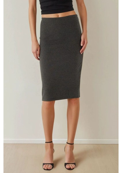 Kadın Yüksek Bel Bodycon Midi Örme Etek Grey