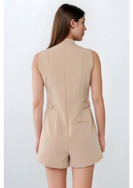 Kadın Düğme Detaylı Kısa Bisiklet Yaka Tulum Bej Doğal indirimleri