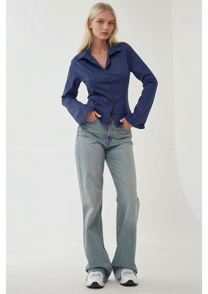 Kadın Dar Kesim Uzun Kollu Gömlek Blue indirimleri