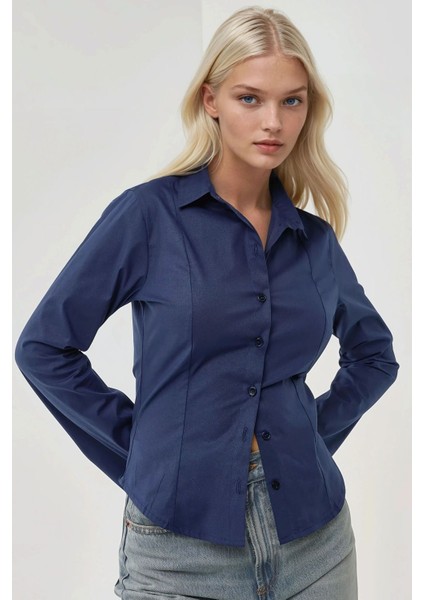 Kadın Dar Kesim Uzun Kollu Gömlek Blue