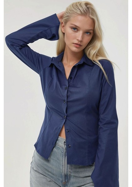 Kadın Dar Kesim Uzun Kollu Gömlek Blue
