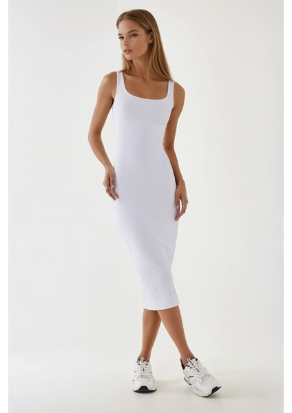 Kadın Askılı Bodycon Midi Örme Elbise White